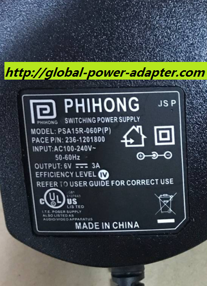 NEW PHIHONG PSA15R-060P P/N:236-1201800 6V 3A ADAPTER POWER SUPPLY 5.5 X 2.1mm - Click Image to Close