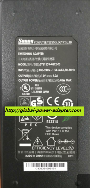 NEW SUNNY SYS1359-4812-T3 12V--4.0A 100-240V~~1.5A MAX 50-60Hz AC DC ADAPTER 5.5 X 2.1mm