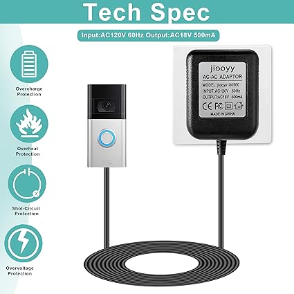 18V500mA Doorbell Transformer - Video Doorbell Power Adapter, for Ring Video Doorbell Pro and Ring V