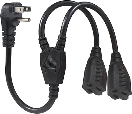 Power Cord Extension Y Splitter - 1 to 2 Way Outlet Adapter NEMA 5-15P 90-Degree Flat Plug to 2 X NE