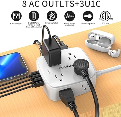 6 Ft Surge Protector Power Strip - 8 Widely Outlets with 4 USB Ports, 3 Side Outlet Extender with 6