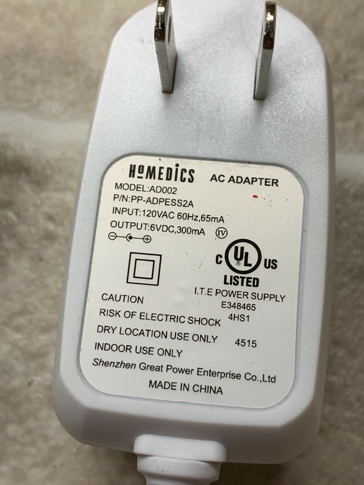 *Brand NEW*HOMEDICS 6v 300ma AC DC Adapter Model:AD002 P/N:PP-ADPESS2A POWER SUPPLY