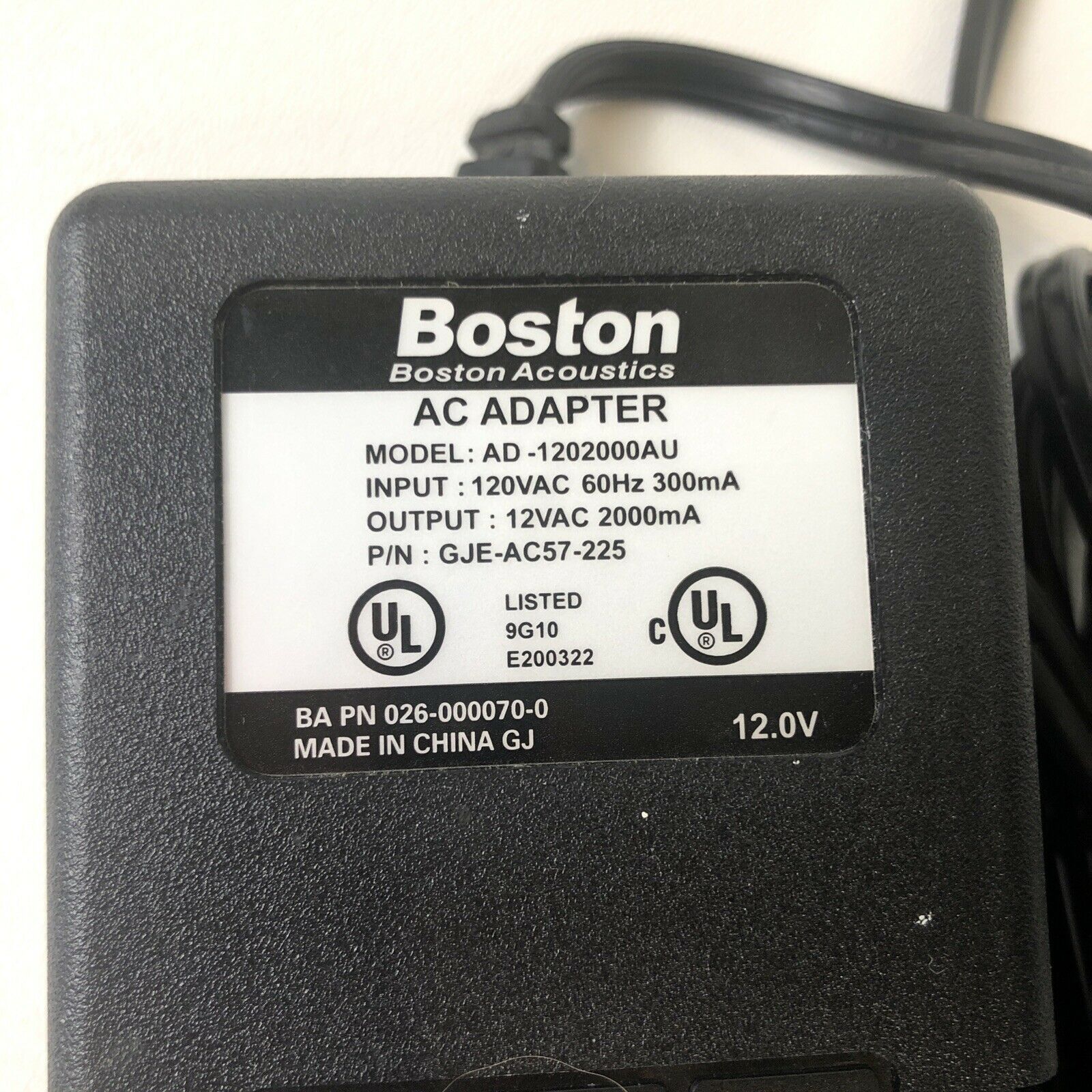 BOSTON ACOUSTICS BA745 Speakers AC/AC Power Supply Adapter Model AD-1202000AU Brand: Boston Compat